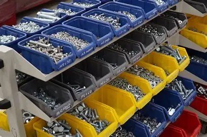 Shop floor bins holding plated hardware